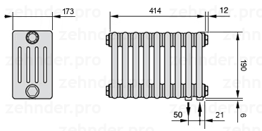 Схема (чертеж) Радиатор Zehnder Charleston 5019/9 №5510 Белый глянцевый RAL 9016